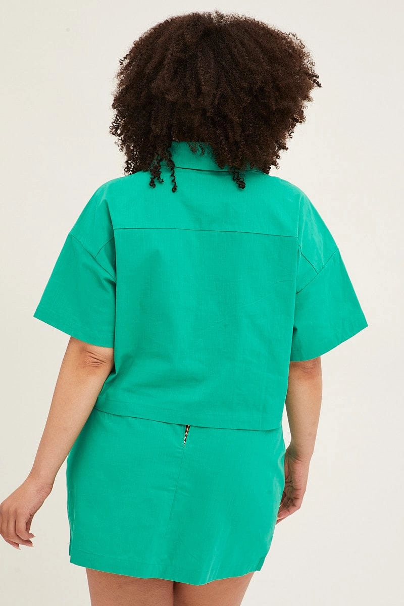 Vibrant Hue Thermoregulating Fabric Green Short Sleeve Pocket Crop Shirts