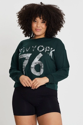 Green Sleeve Sweatshirt New York City Crew Neck Long Easy Layer