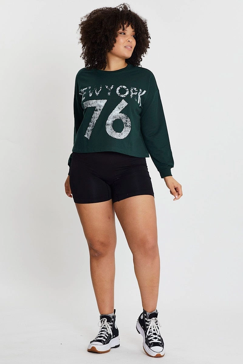 Green Sleeve Sweatshirt New York City Crew Neck Long Casual Fashion Embroidered Logo