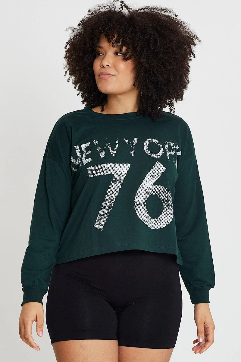 Green Sleeve Sweatshirt New York City Crew Neck Long Youth Style Fresh Look