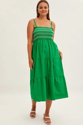 Comfy Flex Green Strap Tiered Maxi Dress Smocked