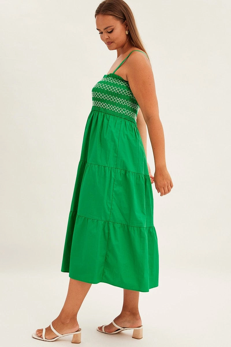 Green Strap Tiered Maxi Dress Smocked Climate-Adaptive