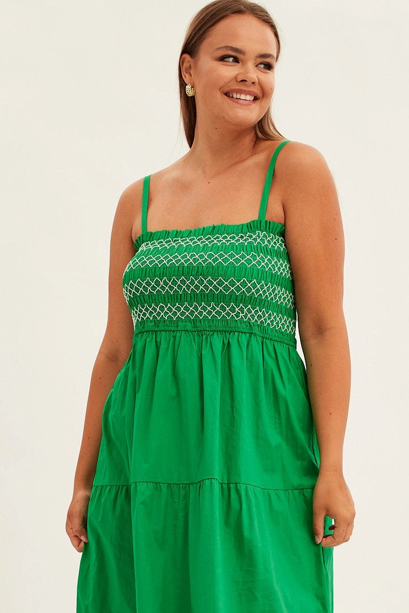 Green Strap Tiered Maxi Dress Smocked Cool Drape Body Ease
