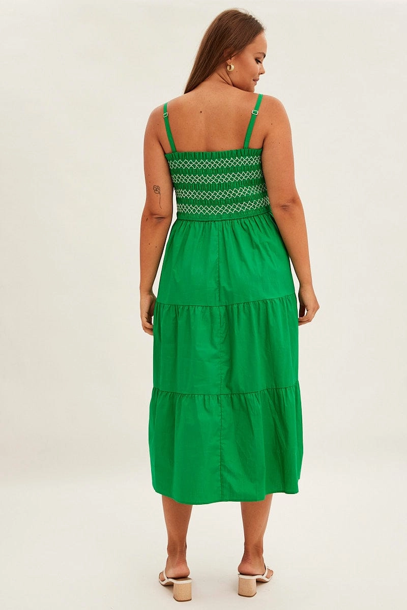 Cool Fabric Green Strap Tiered Maxi Dress Smocked