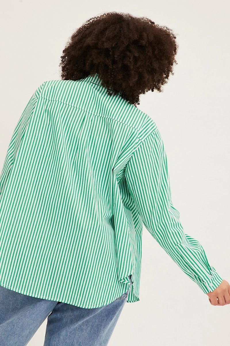 No Chafe Edging Versatile Piece Green Stripe Oversized Shirts Button Through