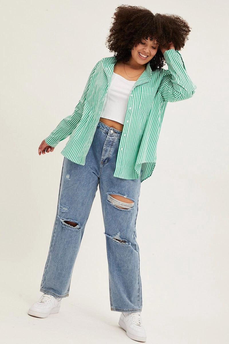 Green Stripe Oversized Shirts Button Through High Street Fashion