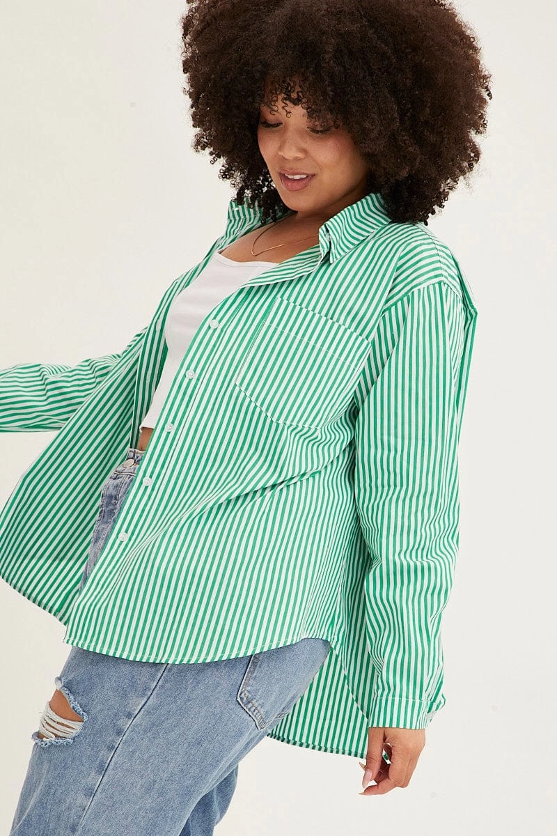 Green Stripe Oversized Shirts Button Through Twill Weave