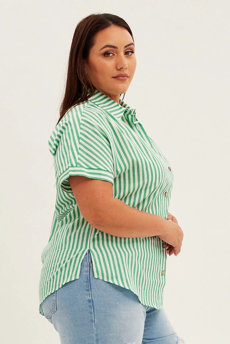 Green Stripe Relaxed Shirt Short Sleeve Button Up Double Stitched Seams