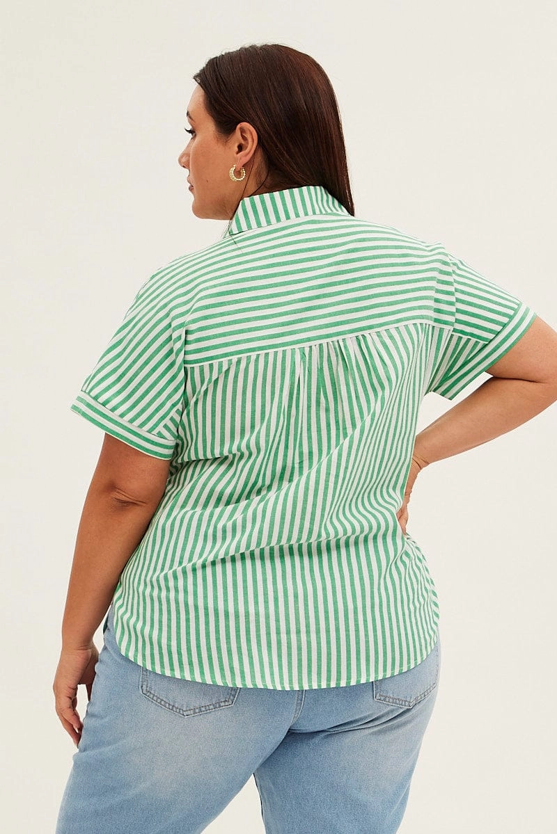 Green Stripe Relaxed Shirt Short Sleeve Button Up Metallic Finish