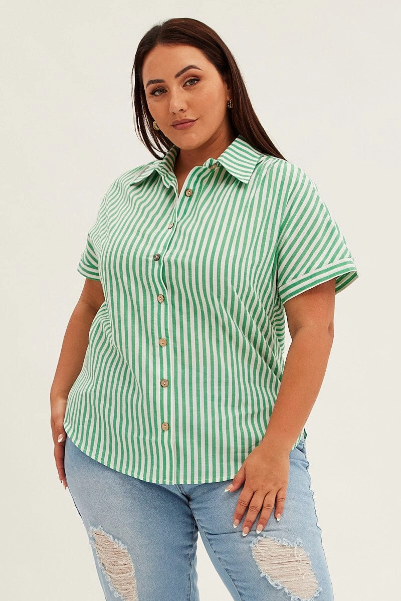 Green Stripe Relaxed Shirt Short Sleeve Button Up Comfy Wear Moisture Wicking Material