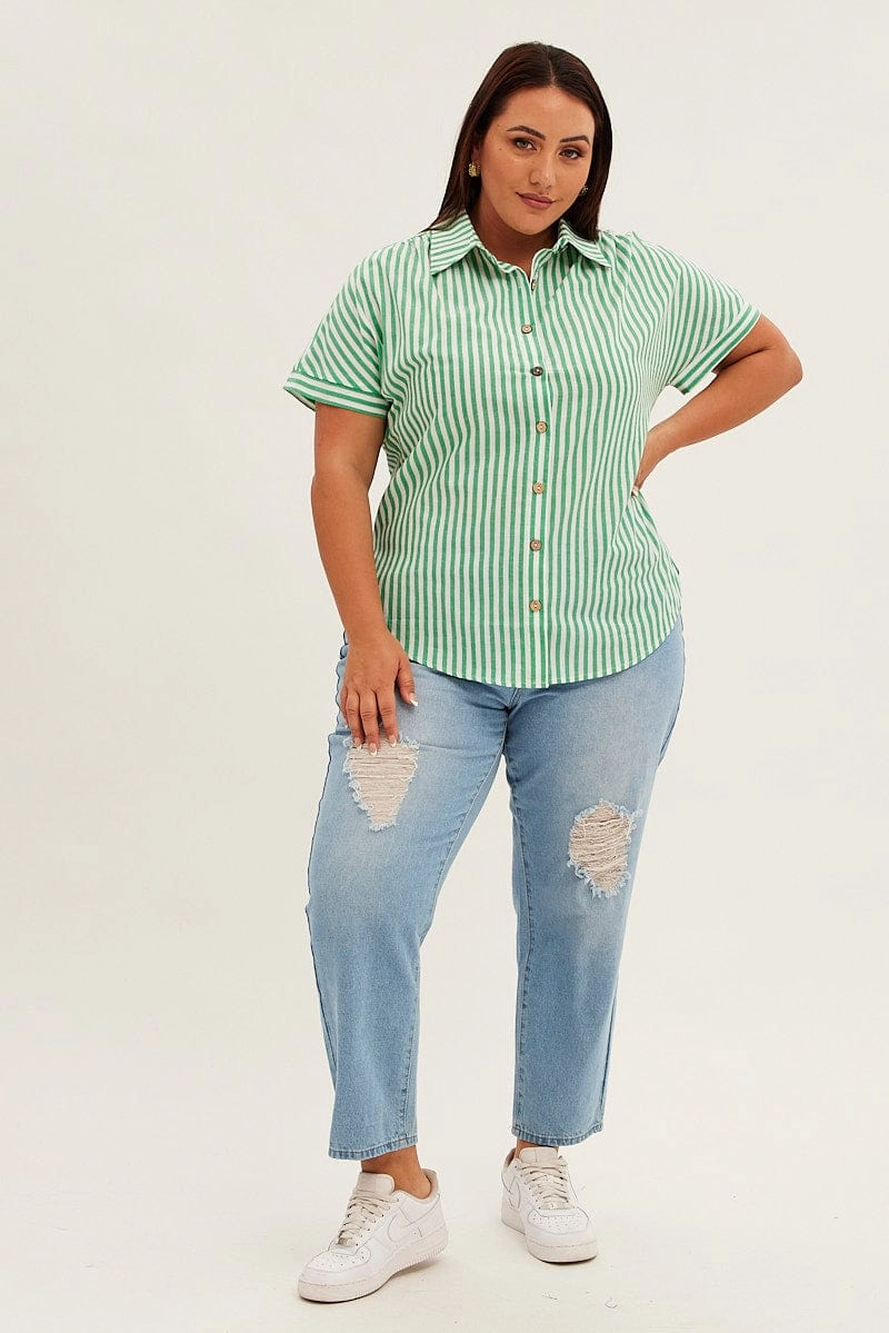 Casual Hangout Structured Shoulder Support Green Stripe Relaxed Shirt Short Sleeve Button Up