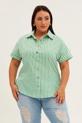 Relaxed Wear Green Stripe Relaxed Shirt Short Sleeve Button Up