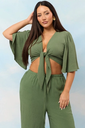 Green Tie Front Textured Georgette Bolero Top Climate Adaptive Design