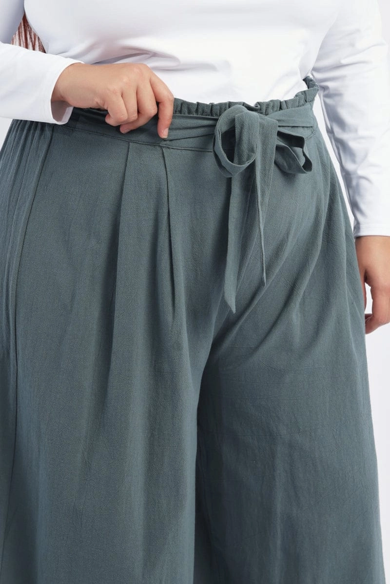 Comfy Flex High-waisted fit Green Washer Cotton Paperbag Wide Leg Pants