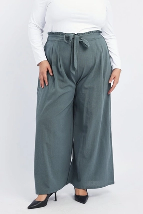 Green Washer Cotton Paperbag Wide Leg Pants Versatile Look Core Basic