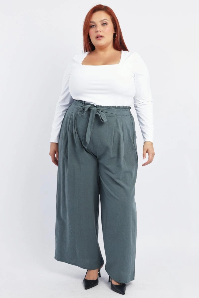 SmoothZipper Green Washer Cotton Paperbag Wide Leg Pants
