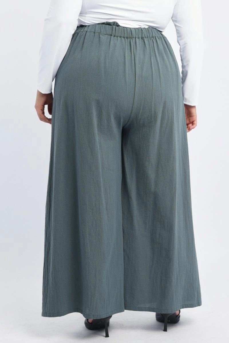 Green Washer Cotton Paperbag Wide Leg Pants DurableConstruction No Ride