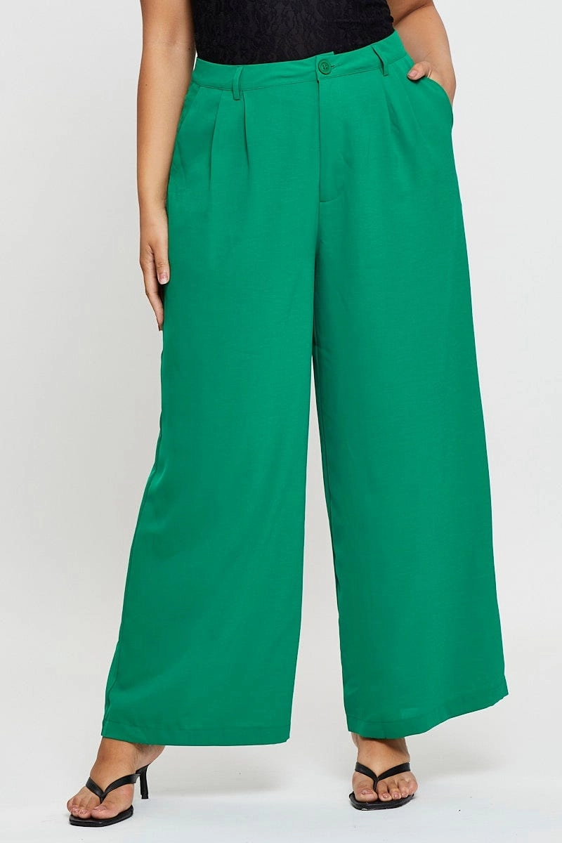 Flexible Material Essential Waist Green Wide Leg Pants High Waist Waist Tie