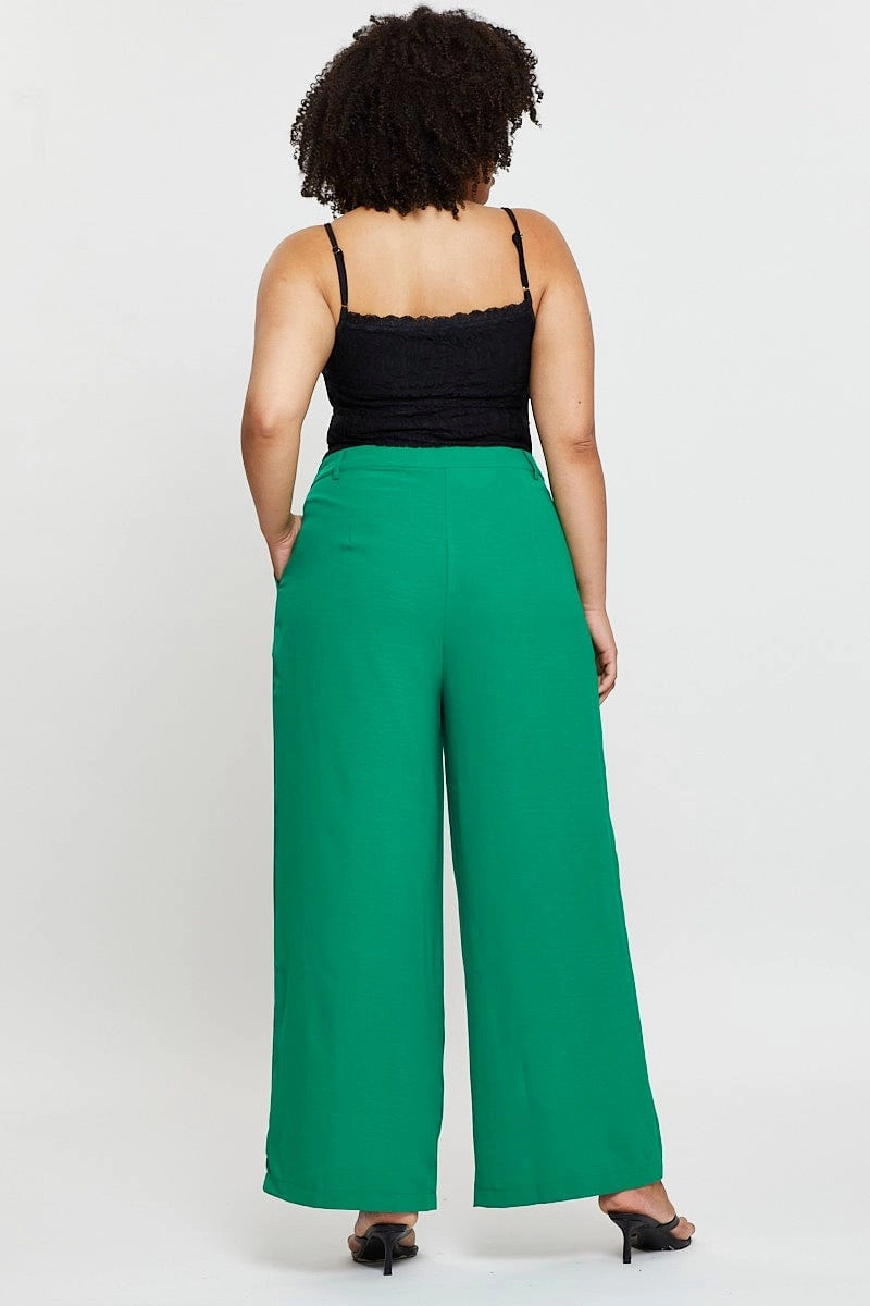 Soft Brush Lining TaglessComfort Green Wide Leg Pants High Waist Waist Tie