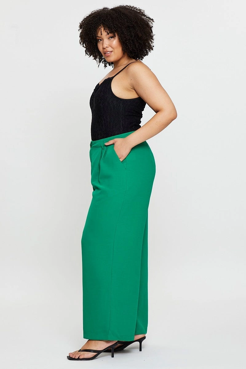 Anti Bacterial Treatment Green Wide Leg Pants High Waist Waist Tie
