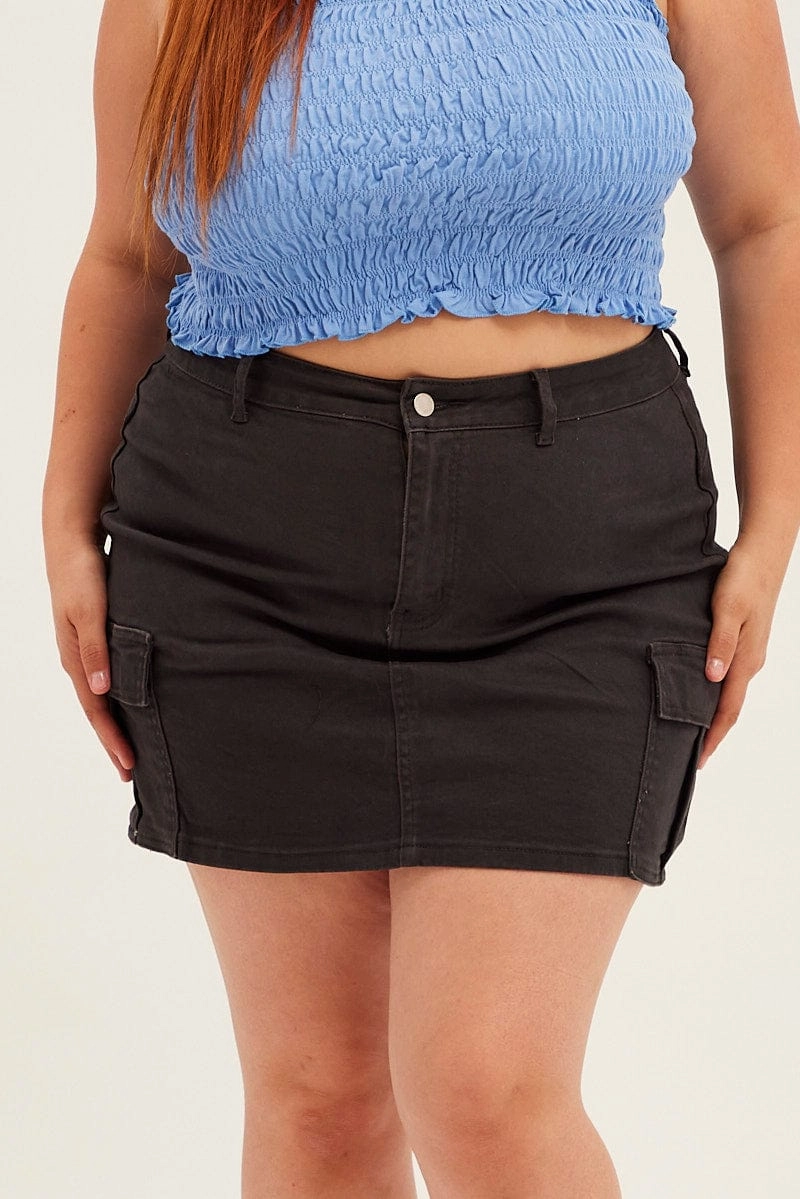 Textured Surface ribbed texture Grey Cargo Skirt Mini Side Pocket Cotton
