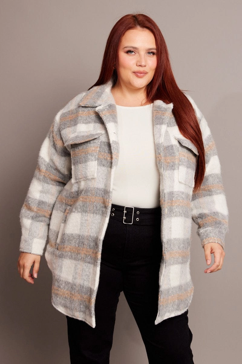 Grey Check Shacket Long Sleeve Multi pockets