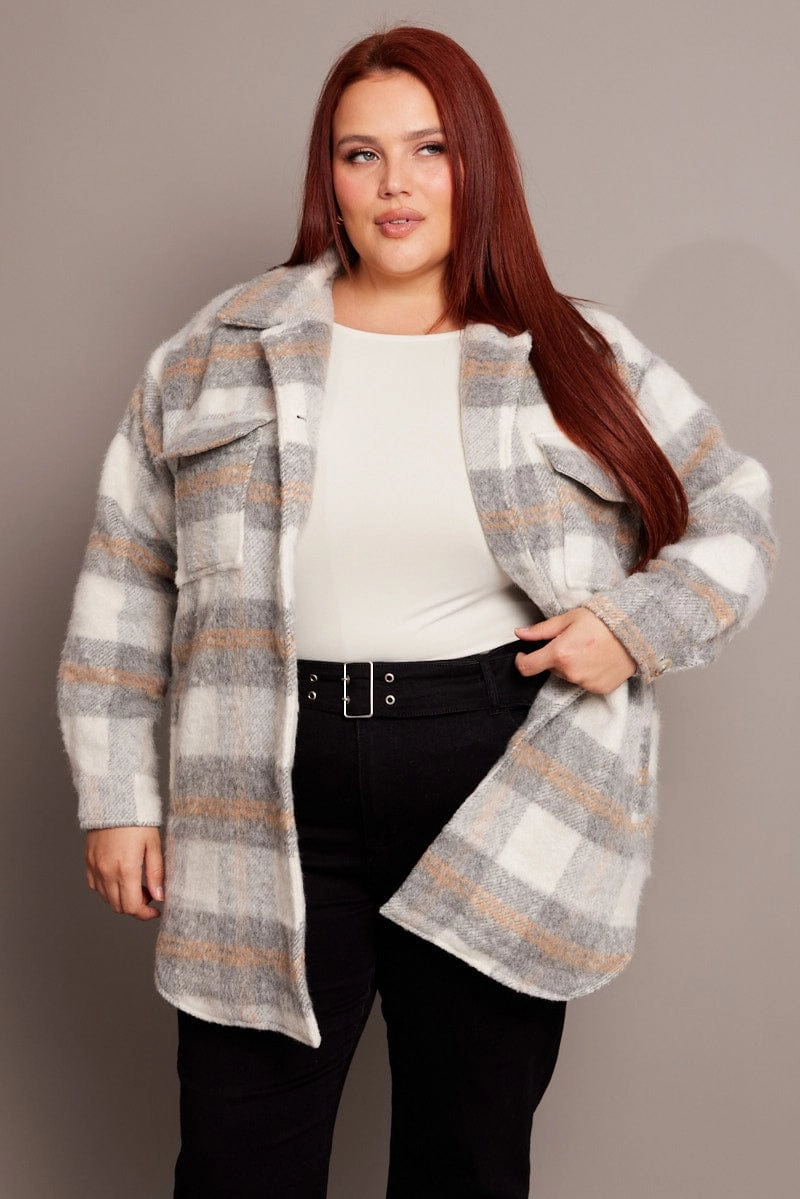 Full Length Zipper Closure Soft Fleece Lining Grey Check Shacket Long Sleeve
