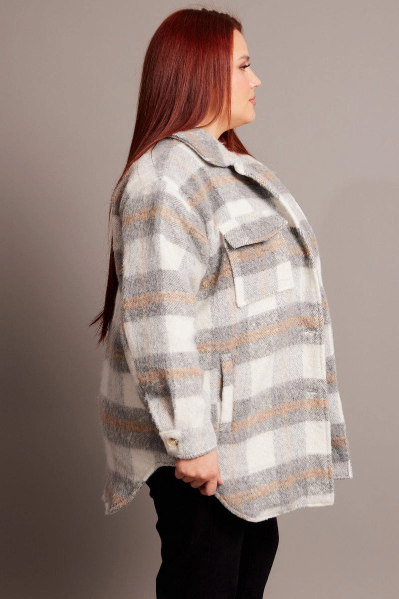 Hooded Attachment Grey Check Shacket Long Sleeve