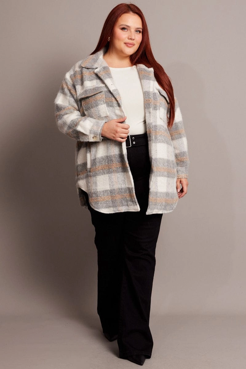 Grey Check Shacket Long Sleeve Moisture Wicking Finish