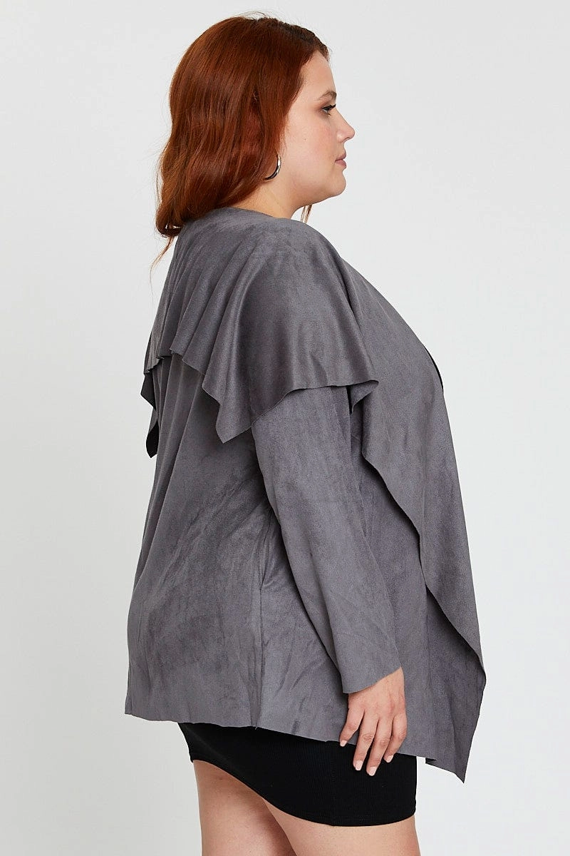 Grey Collar Jacket Long Sleeve Faux Leather Waterfall Convertible Sleeves Eco Certified Textile