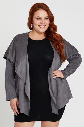 Single Buttons Versatile Styling Grey Collar Jacket Long Sleeve Faux Leather Waterfall