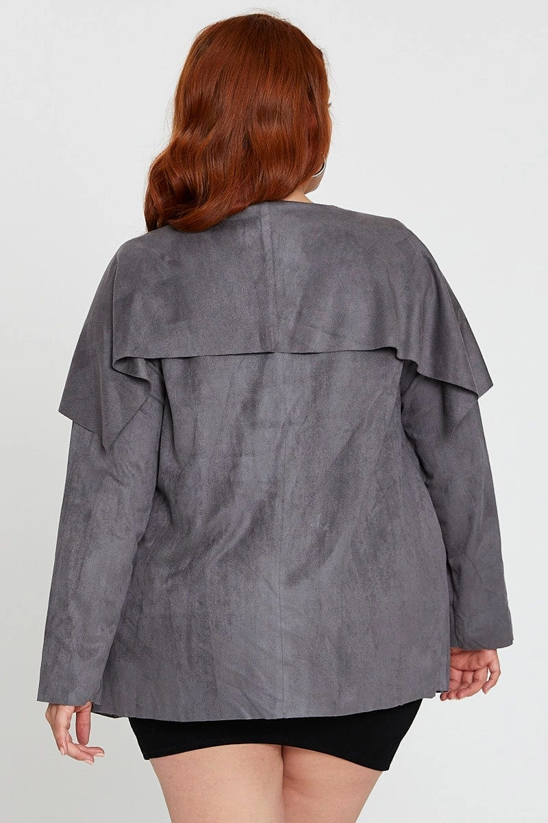 DoubleLayeredEdges Interchangeable Liners Grey Collar Jacket Long Sleeve Faux Leather Waterfall
