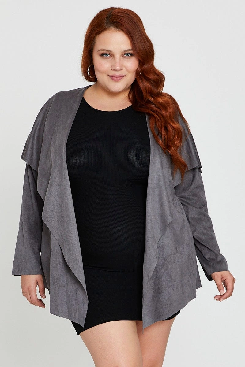Flexible Fiber Fill Weather Adaptive Ventilation Grey Collar Jacket Long Sleeve Faux Leather Waterfall