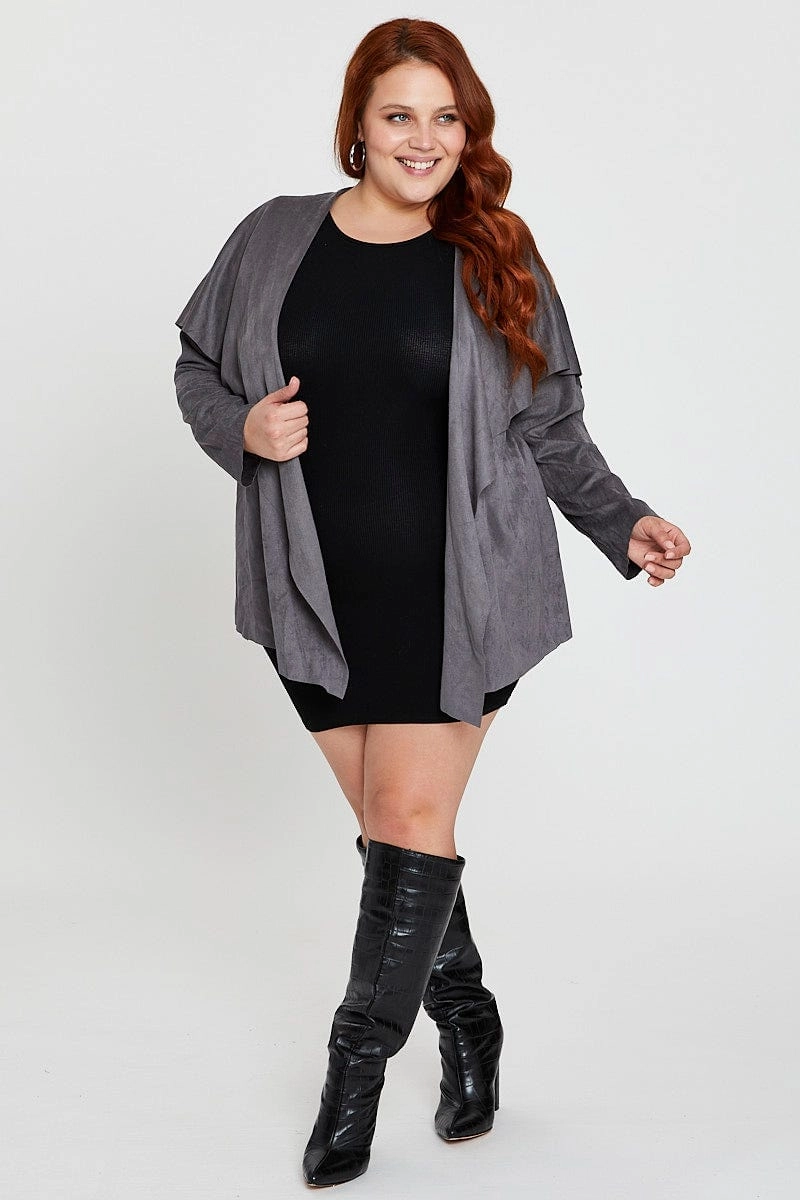 Odor Resistant Fabric Grey Collar Jacket Long Sleeve Faux Leather Waterfall