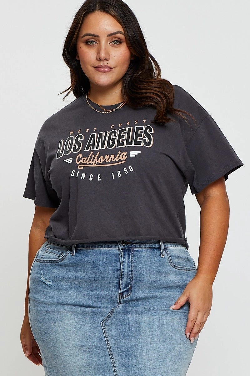athletic style Grey Crop T-shirt Los Angeles Short Sleeve Semi