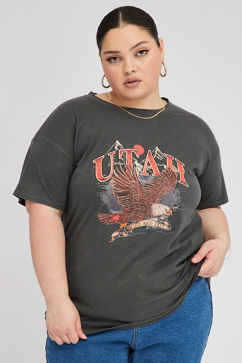 Trendy popularity Grey Graphic Crop T-shirt Short Sleeve Crew Neck