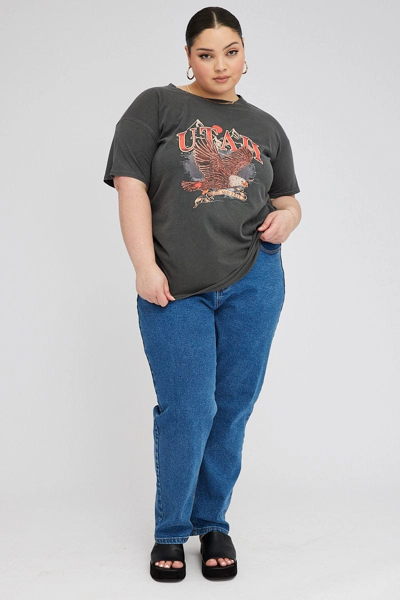 Grey Graphic Crop T-shirt Short Sleeve Crew Neck Reinforced Neckline PocketDetail