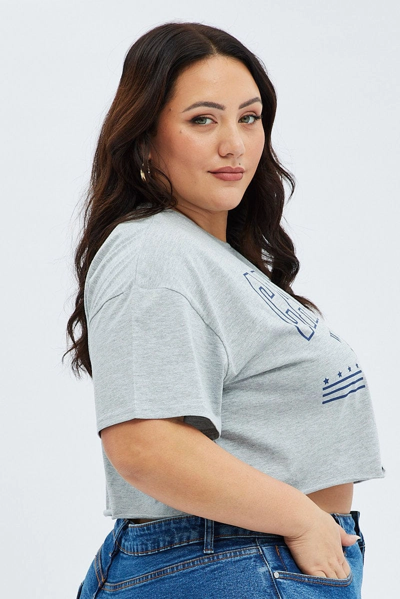 Grey Graphic Crop T-shirt Short Sleeve Crew Neck Quick Change Tagless Design