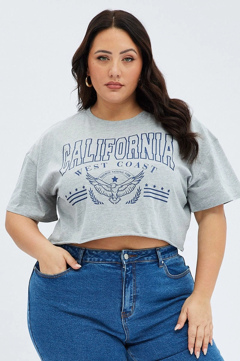 LowImpact Manufacturing Temperature Regulating Fabric Grey Graphic Crop T-shirt Short Sleeve Crew Neck