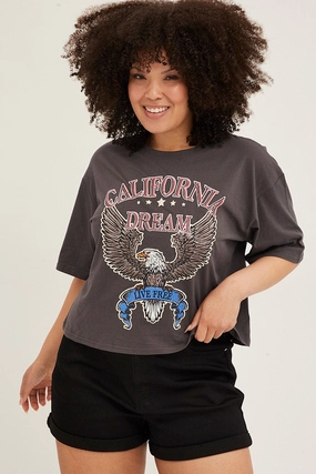 Grey Graphic T-shirt Crop California Dream Cotton Breathable Wear Fit
