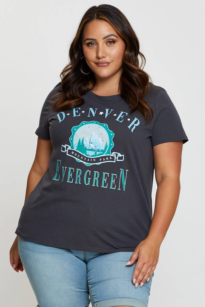 Grey Graphic T-shirt Denver Short Sleeve Cotton Casual Everyday