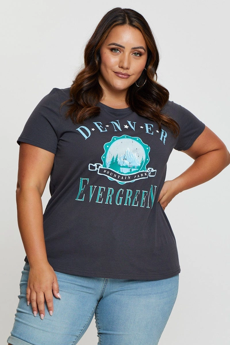 Minimal Fit Grey Graphic T-shirt Denver Short Sleeve Cotton