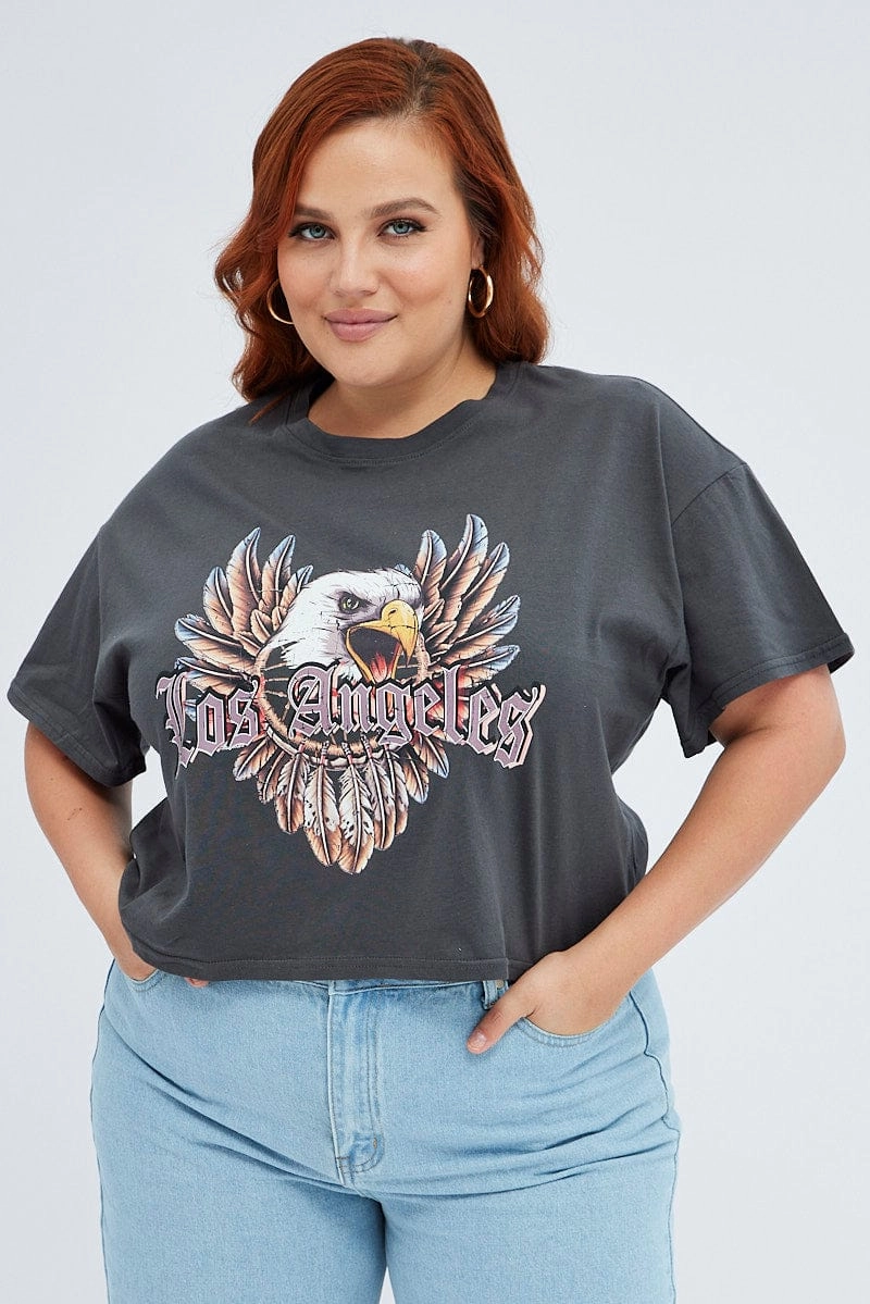 Grey Graphic T-shirt Feather Eagle Crop Cotton Oversized Cut Comfortable Fit Wear