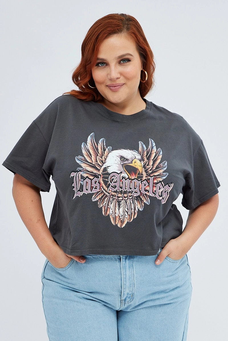 Grey Graphic T-shirt Feather Eagle Crop Cotton Teenager coolness