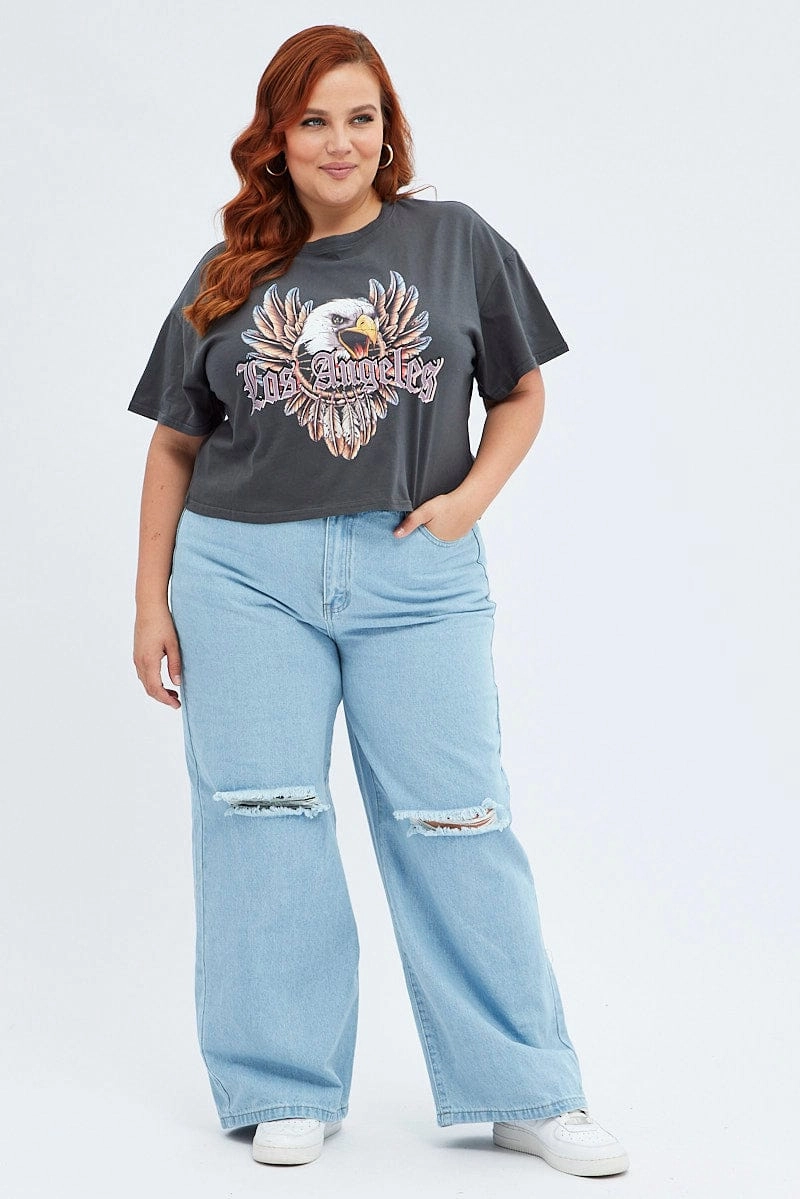 Grey Graphic T-shirt Feather Eagle Crop Cotton Relaxed Everyday Wear Oeko Tex Certified
