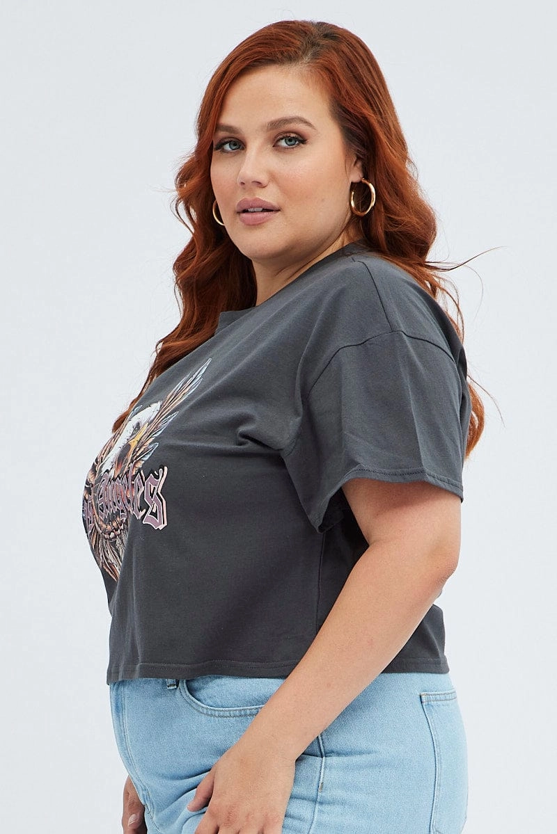 Comfortable and Chic Grey Graphic T-shirt Feather Eagle Crop Cotton