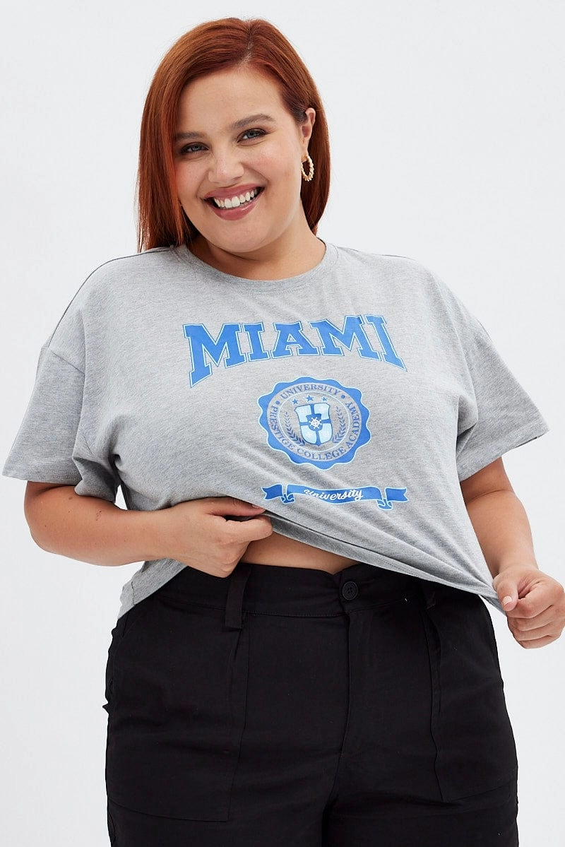 comfortable option Grey Graphic T-shirt Miami Crop Cotton Jersey