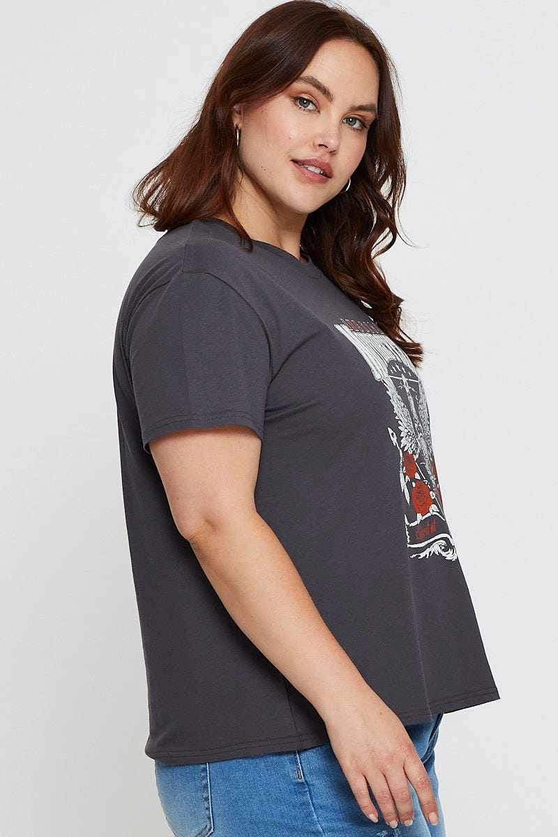 Grey Graphic T-shirt Motorcycle Short Sleeve Cotton Chill Vibes Playful Design