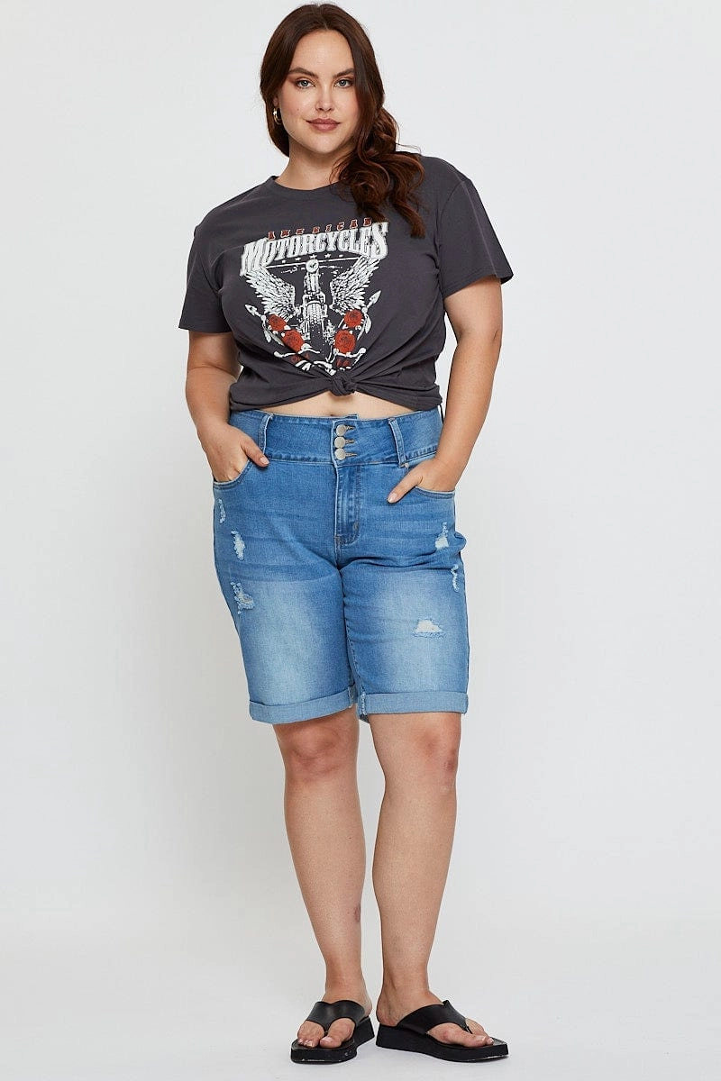 Sporty Layer Grey Graphic T-shirt Motorcycle Short Sleeve Cotton