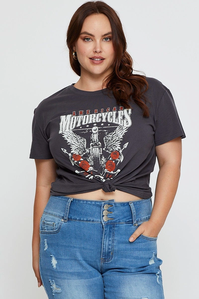 Grey Graphic T-shirt Motorcycle Short Sleeve Cotton Adult sophistication Cozy Fit Design